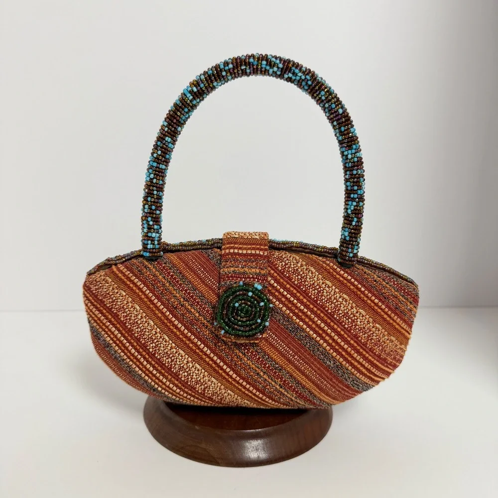 Beaded Floral Top Handle Bag Small Boho Eclectic Multicolor Purse‎